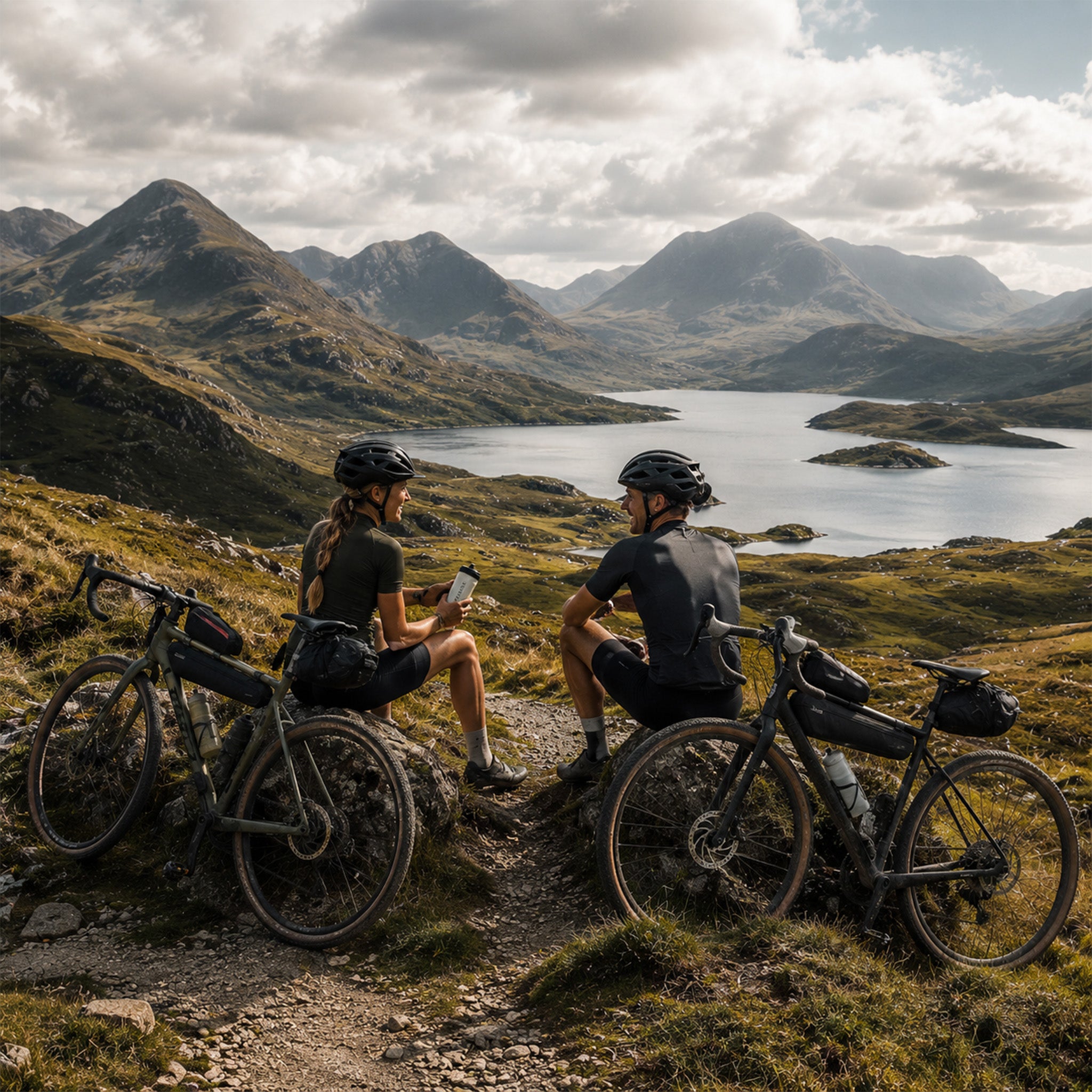 Two cyclists taking a break with their bicycles in a scenic mountain landscape.