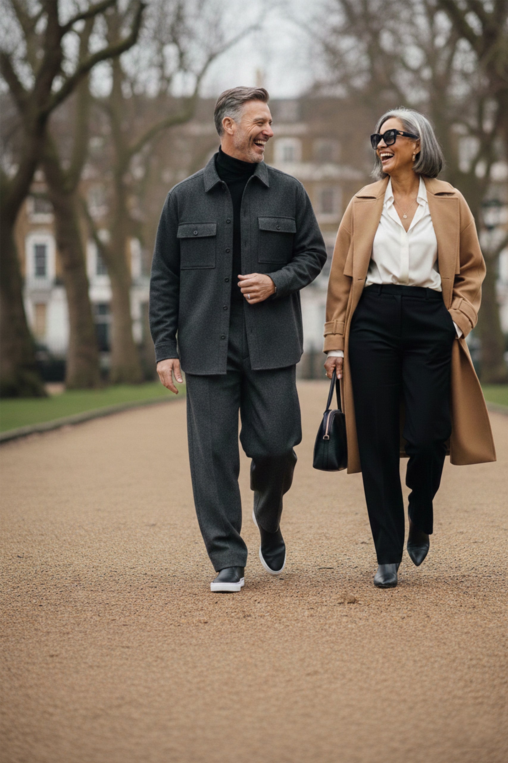Man and woman walking together on a path in an urban setting