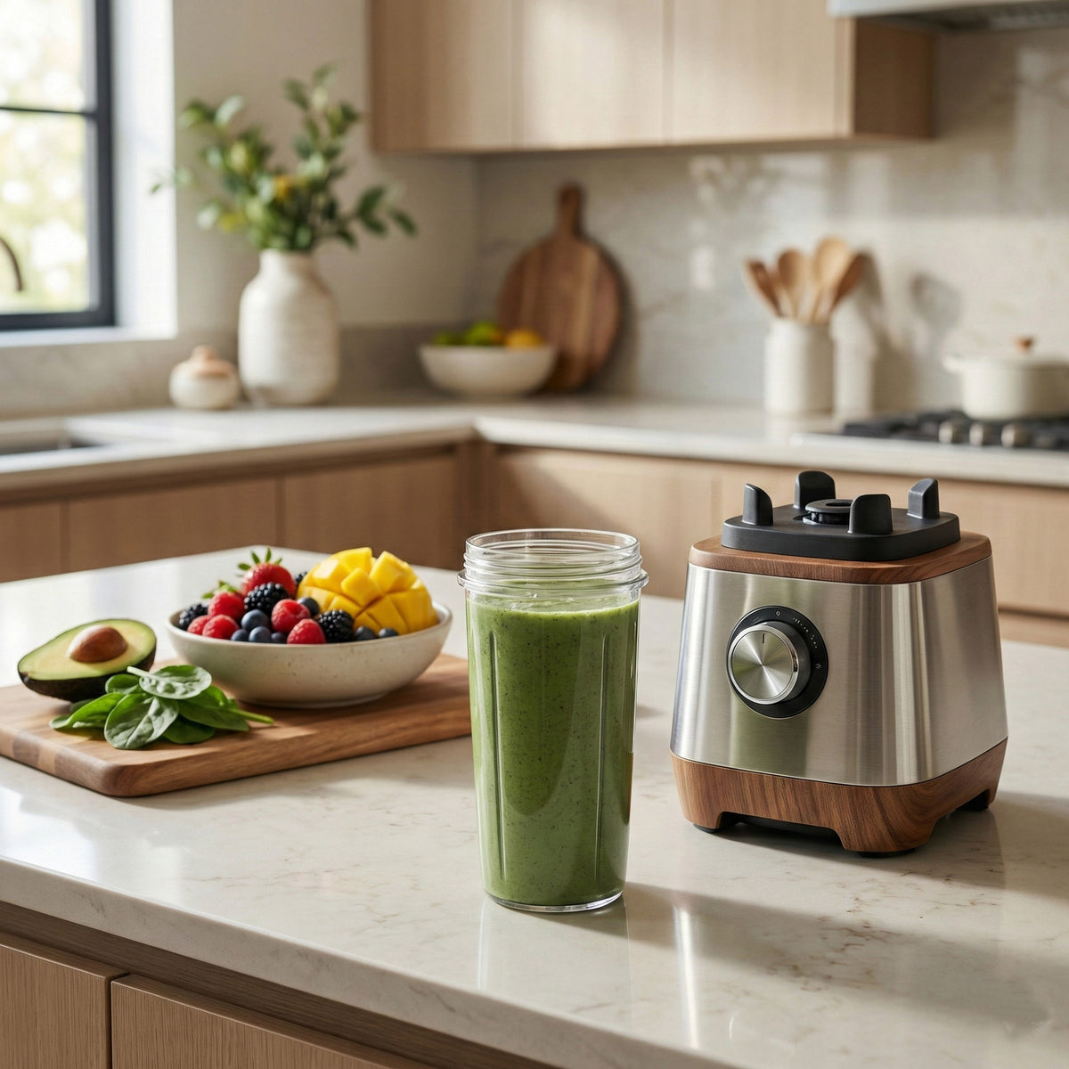 Blender on a kitchen counter with a glass of green juice and fresh fruits.