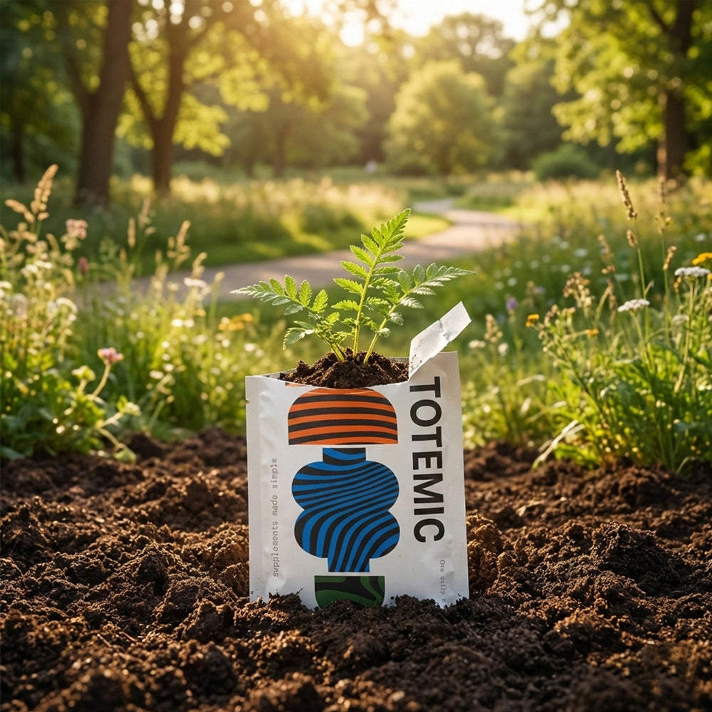 Home compostable TOTEMIC sachet in the soil with a seedling growing in it.