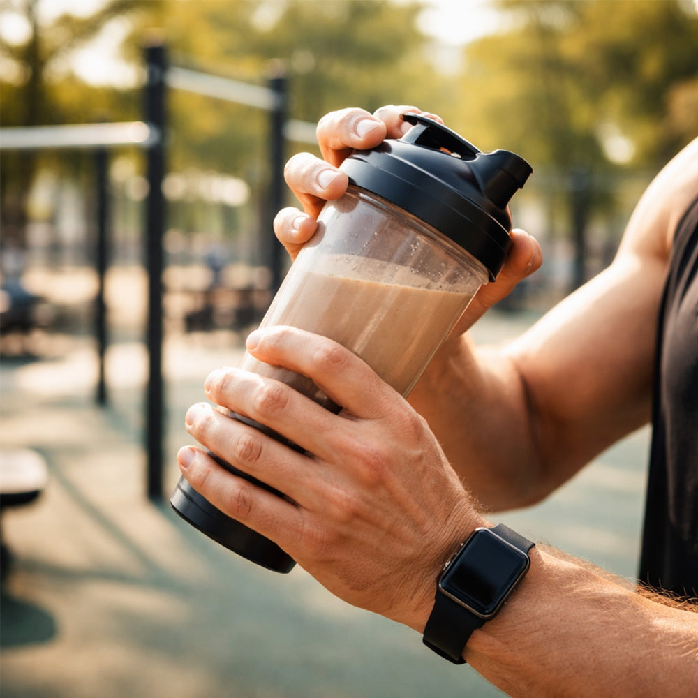 Person holding a TOTEMIC protein shake in a shaker bottle outdoors.