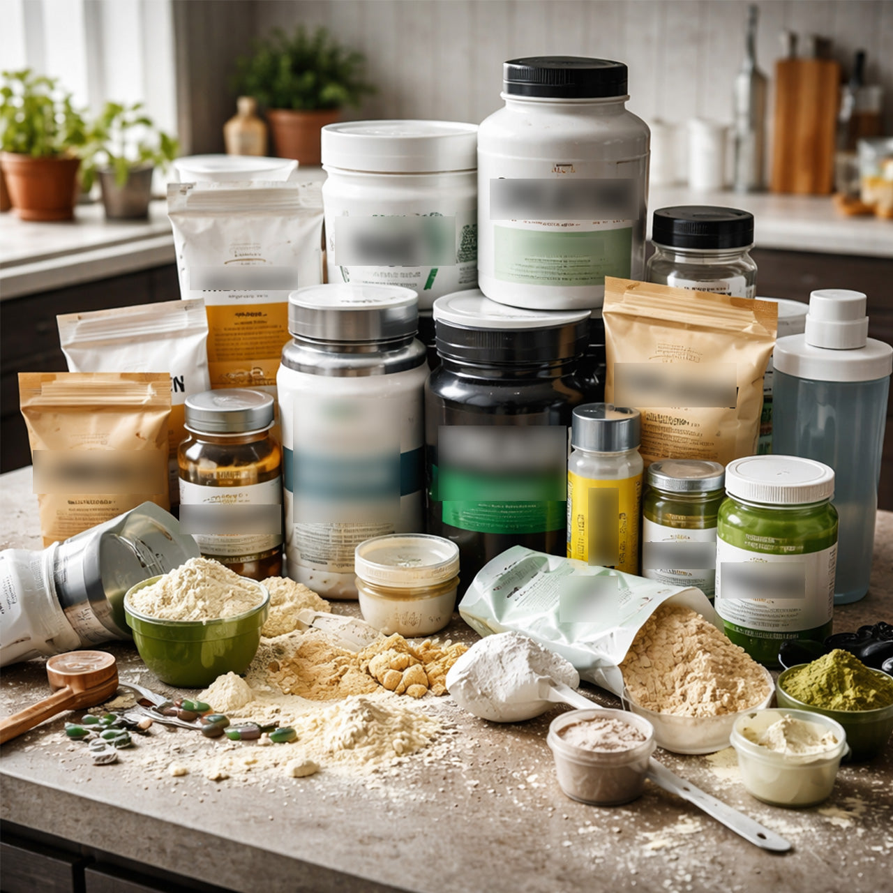 a mess of old style supplement tubs, jars and bags spilled in a kitchen. 