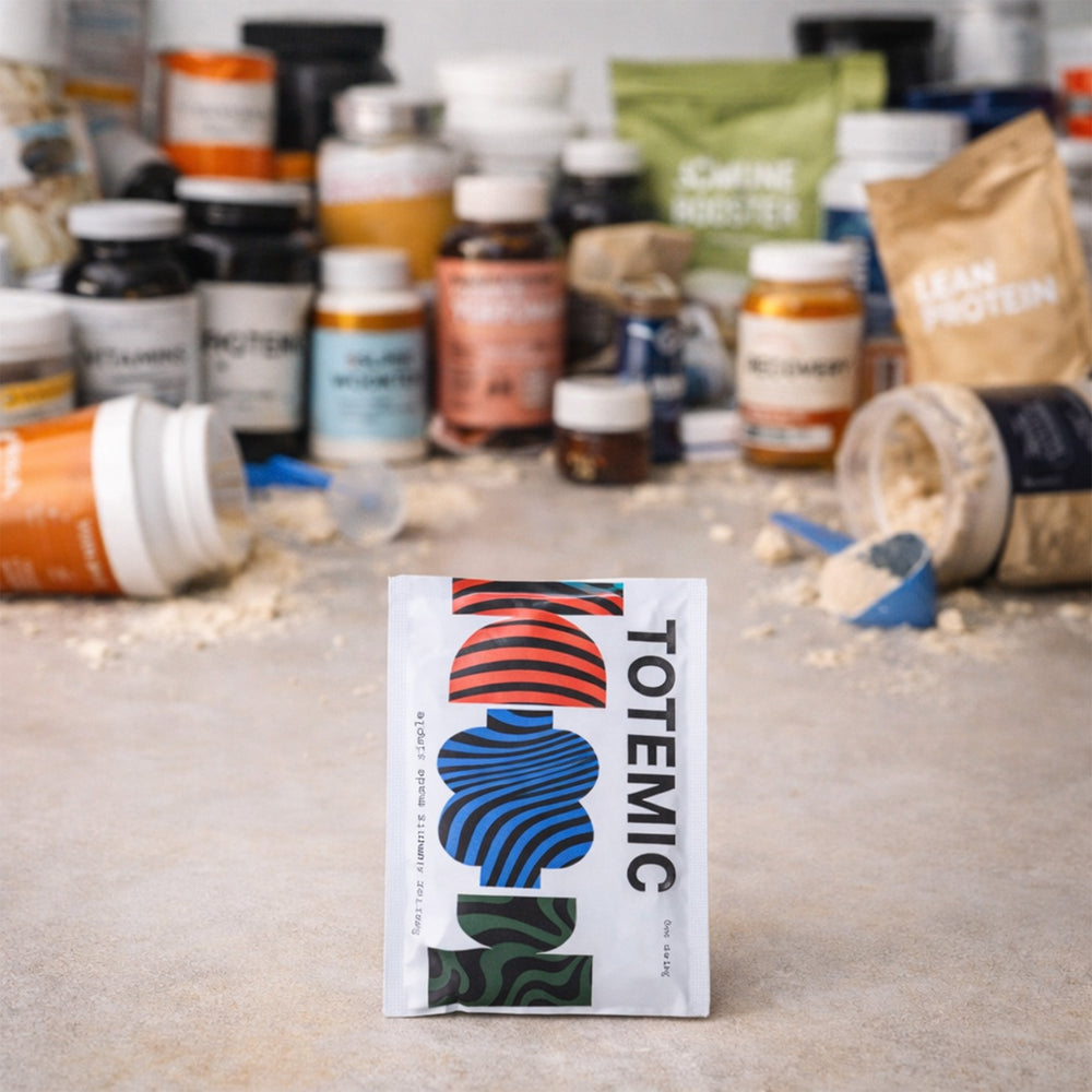 TOTEMIC sachet in front of old style supplement tub chaos