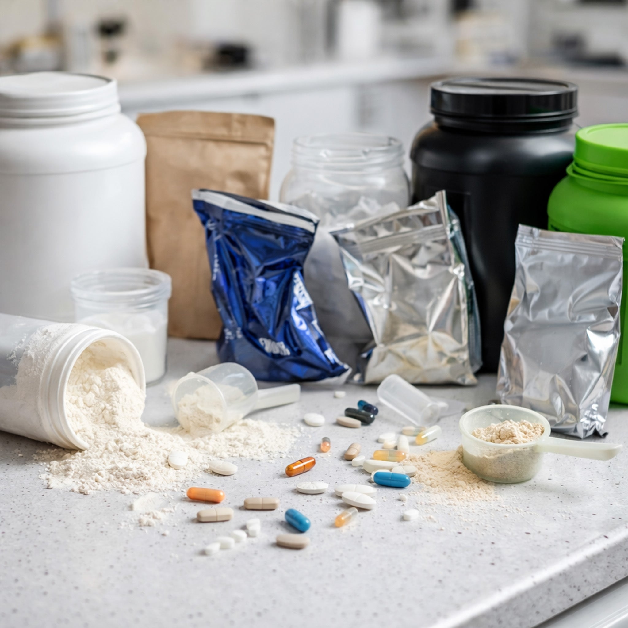 Chaotic worktop full of old style supplement tubs and bags.